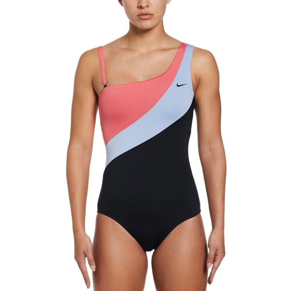 NIKE Women's Asymmetrical Swimsuit Colorblock Coral Pink Lavender Black Sz Small - Picture 1 of 16